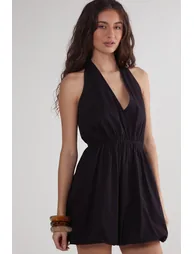 Cotton Poplin Halter Neck Puffball Mini Dress - 3