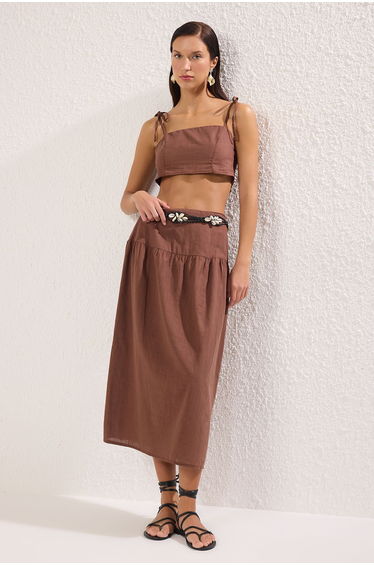 Brown Woven Flamed Cotton Beach Blouse Skirt Set