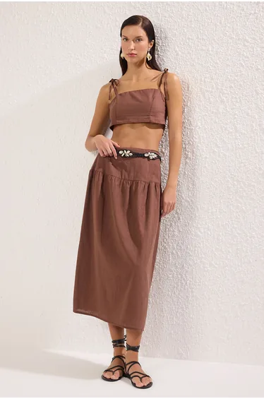 Brown Woven Flamed Cotton Beach Blouse Skirt Set