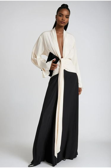 Faivish Tie Up Plunge Fringe Skirt Set