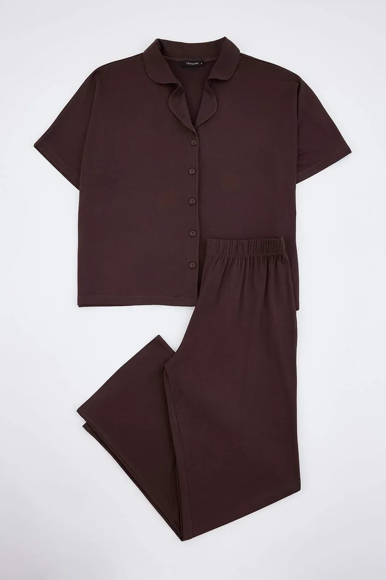 Brown Plain Viscose Single Jersey Knitted Pajamas Set - 1