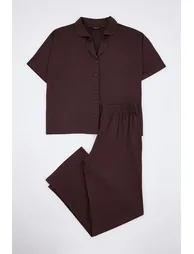 Brown Plain Viscose Single Jersey Knitted Pajamas Set - 1
