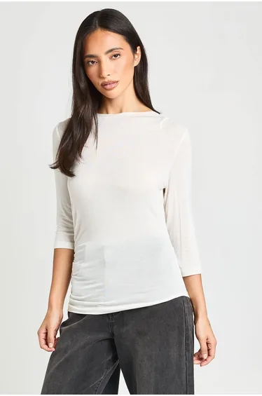 Sheer Knit Ruched 3/4 Sleeve Top - cream