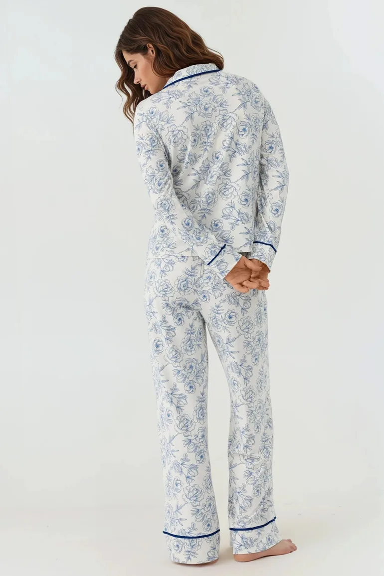 Flower Print Long Sleeve Extra Soft Touch Loungewear Pajama Set with Shirt Collar - 2