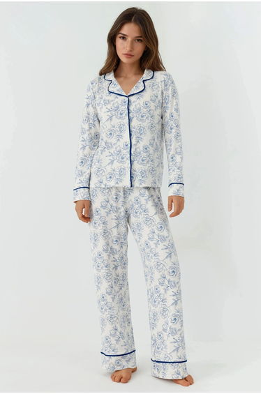 Flower Print Long Sleeve Extra Soft Touch Loungewear Pajama Set with Shirt Collar