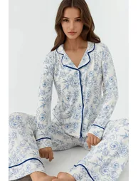 Flower Print Long Sleeve Extra Soft Touch Loungewear Pajama Set with Shirt Collar - 1