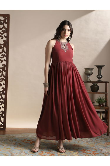 Halter Keyhole Neck Embroidered Detail Maxi Festive Dress