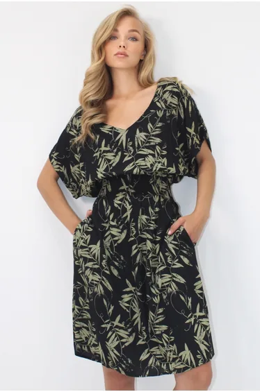 Women's Khaki V-Neck Double Pocket Patterned Waistband Gipeli Woven Viscose Dress