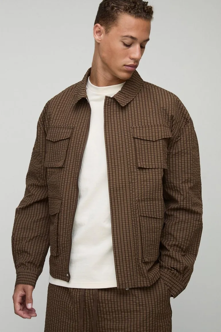Tall Oversized Check Ripstop Cargo Shacket - mocha