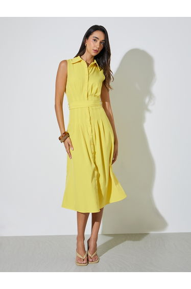 Yellow Casual Shirt Midi Dress with Fold Pleat