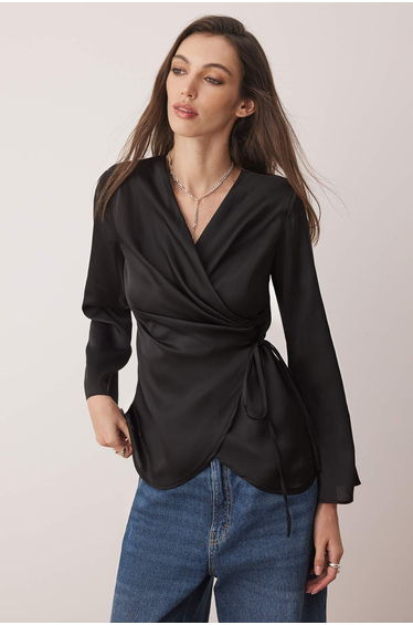 Black Satin Double Breasted Woven Blouse