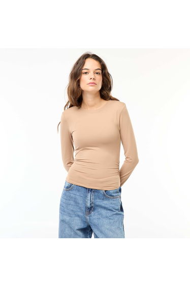 Crinkle-effect cropped T-shirt BEIGE