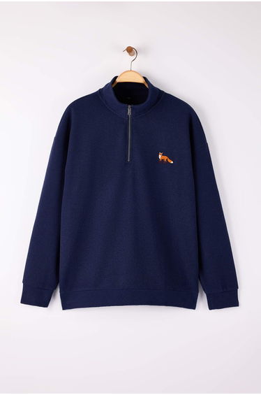 Navy blue new oversize plus size textured stand-up collar fox embroidered sweatshirt
