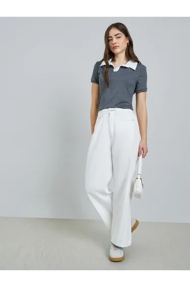 Women Barrel Fit Cut and Sew Panel Jeans