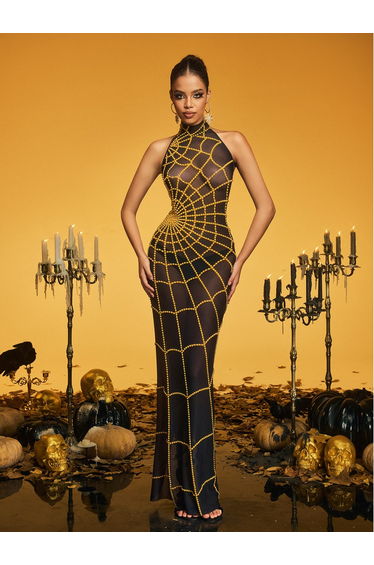 Kaelyra High Neck Cobweb Pearl Maxi Dress In Gold