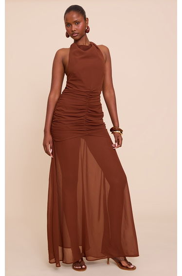 Chocolate Chiffon Halterneck Extreme Ruched Maxi Dress