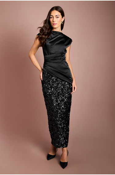 Draped Satin Bodice Sequin Maxi Dress