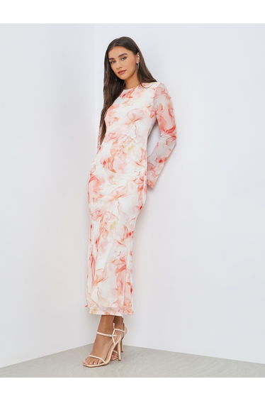 Peach Marbled Print Bodycon Maxi Dress