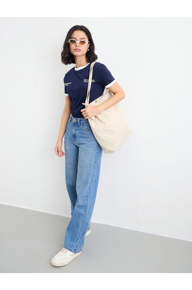 Women Navy Slogan Print Regular Fit T-Shirt