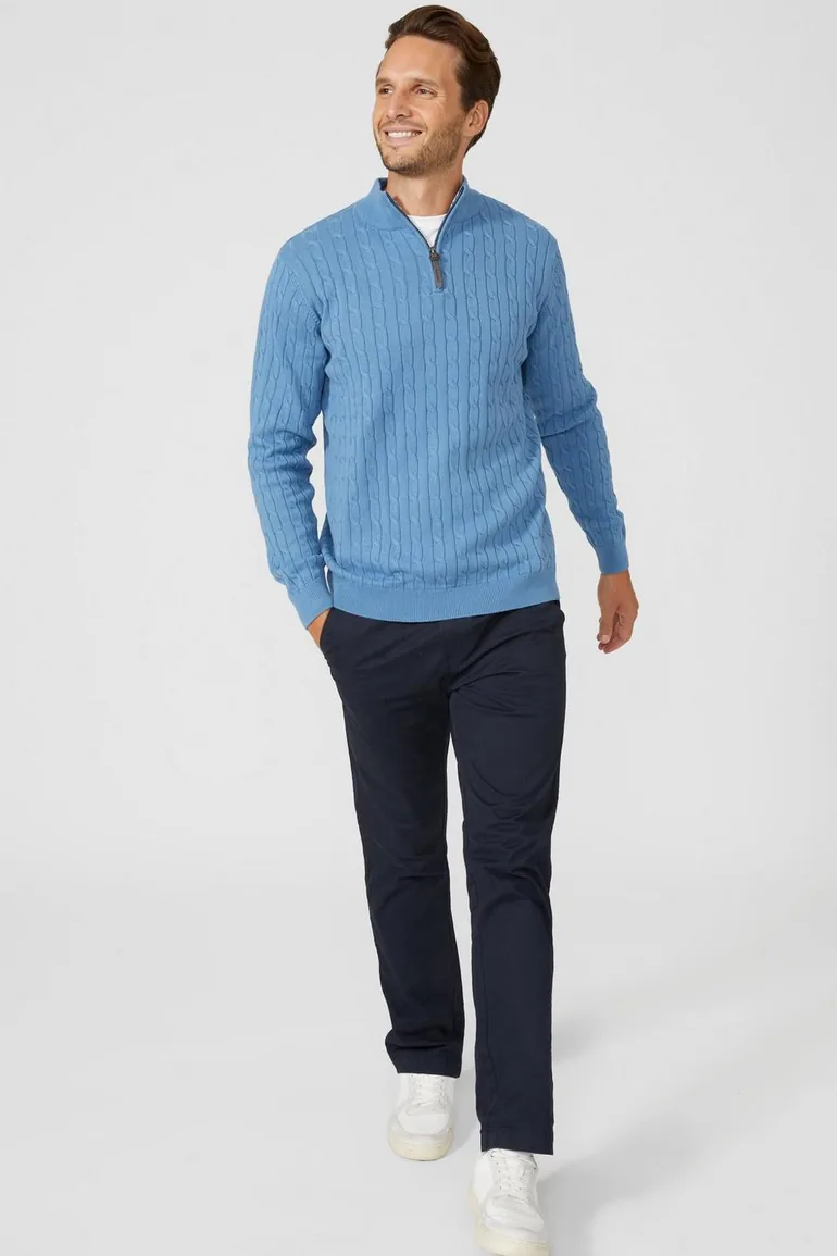 Premium Pure Cotton Cable Half Zip Jumper - mid blue - 1