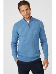 Premium Pure Cotton Cable Half Zip Jumper - mid blue