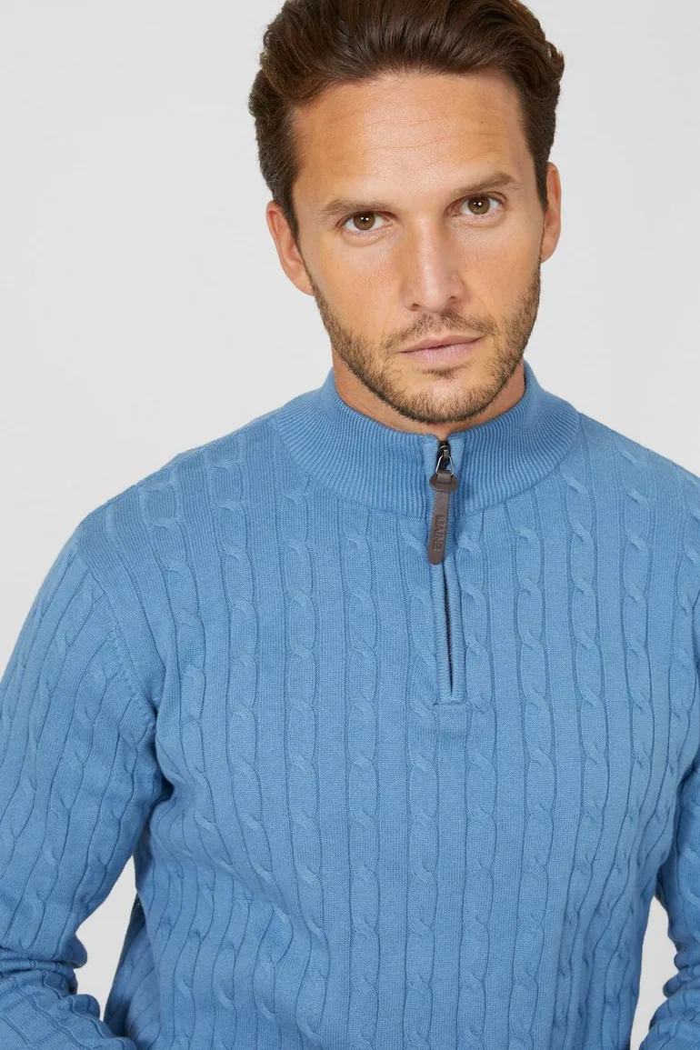 Premium Pure Cotton Cable Half Zip Jumper - mid blue - 2