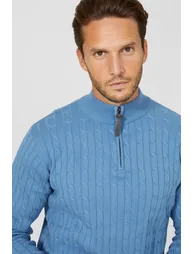 Premium Pure Cotton Cable Half Zip Jumper - mid blue - 2
