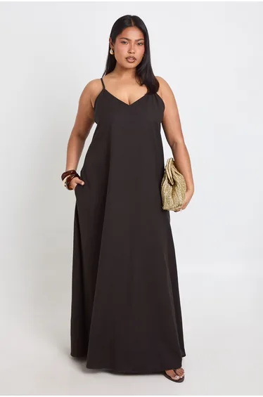 فستان بوهو أسود طول الأرض - للمقاسات الكبيرة