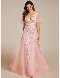 Deep V Neck Sequin Evening Gown With Short Sleeves - 3