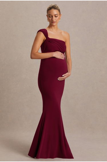 Mila | Burgundy Asymmetric-Neck Maxi Dress