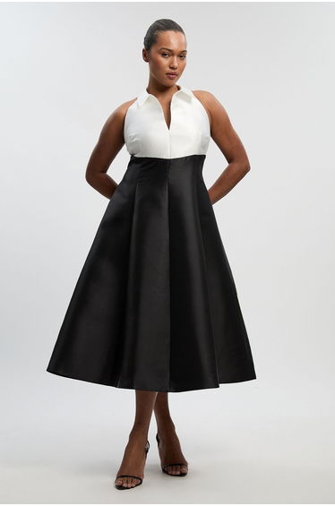 Plus Size Twill Contrast Tux Tailored Full Skirted Shirt Dress