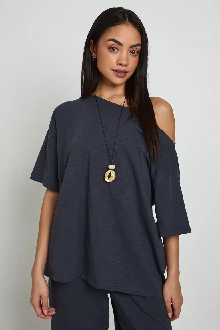 Sheer Slub Off The Shoulder Oversized T-Shirt - charcoal - 1