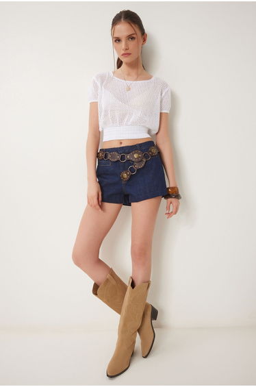 Women's White Openwork Summer Crop Knitwear Blouse