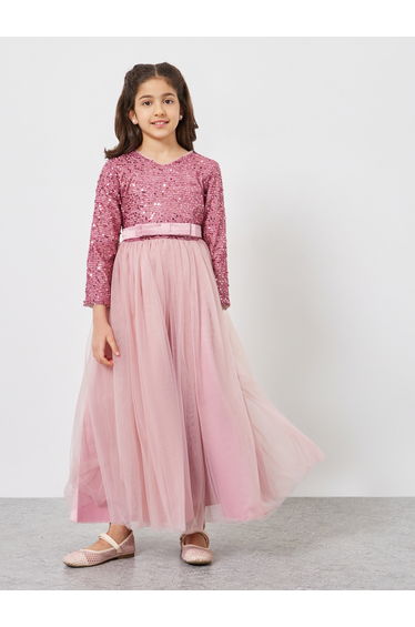 Girls Embellished Sequined Bow Maxi Dress