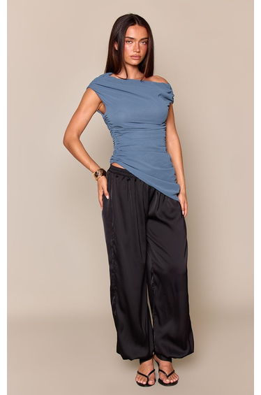 Charcoal Chiffon Ruched Detail Aysemetric Top