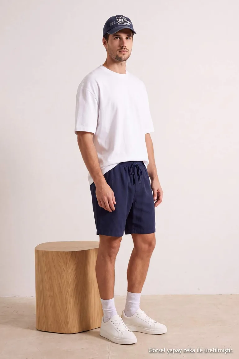 Navy Blue Modal Look Elastic Waist Men's Shorts & Bermuda - 1