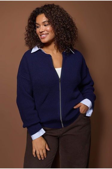 Navy blue zippered crew neck knit cardigan