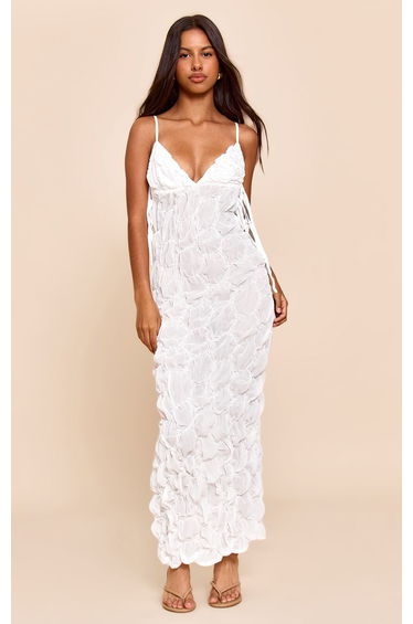 Petite White Strappy Tie Side Shirred Textured Maxi Dress
