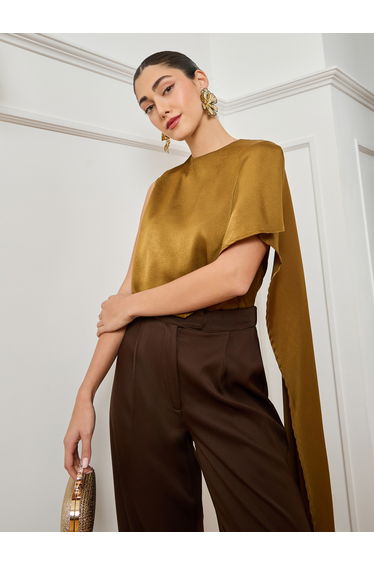 Women Mustard Asymmetric Scarf Detail Satin Top