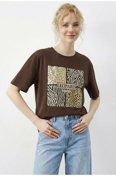 LUCCI Leopard Print Sequin Crew Neck T-Shirt