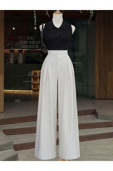 White Striped High Rise Wide Leg Pants