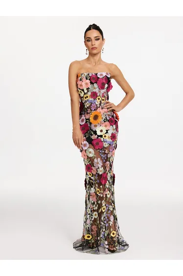 Latasha Strapless Flower Embroidered Maxi Dress