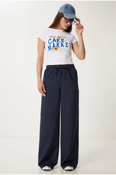 Women's Navy Blue Striped Wide Leg Summer Pants