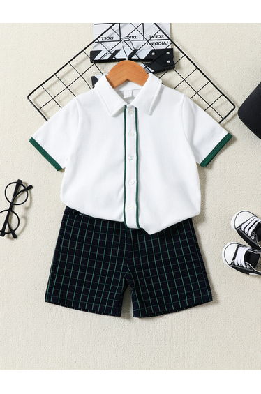 Boys Solid Short Sleeve Shirt and Plaid Shorts Set
