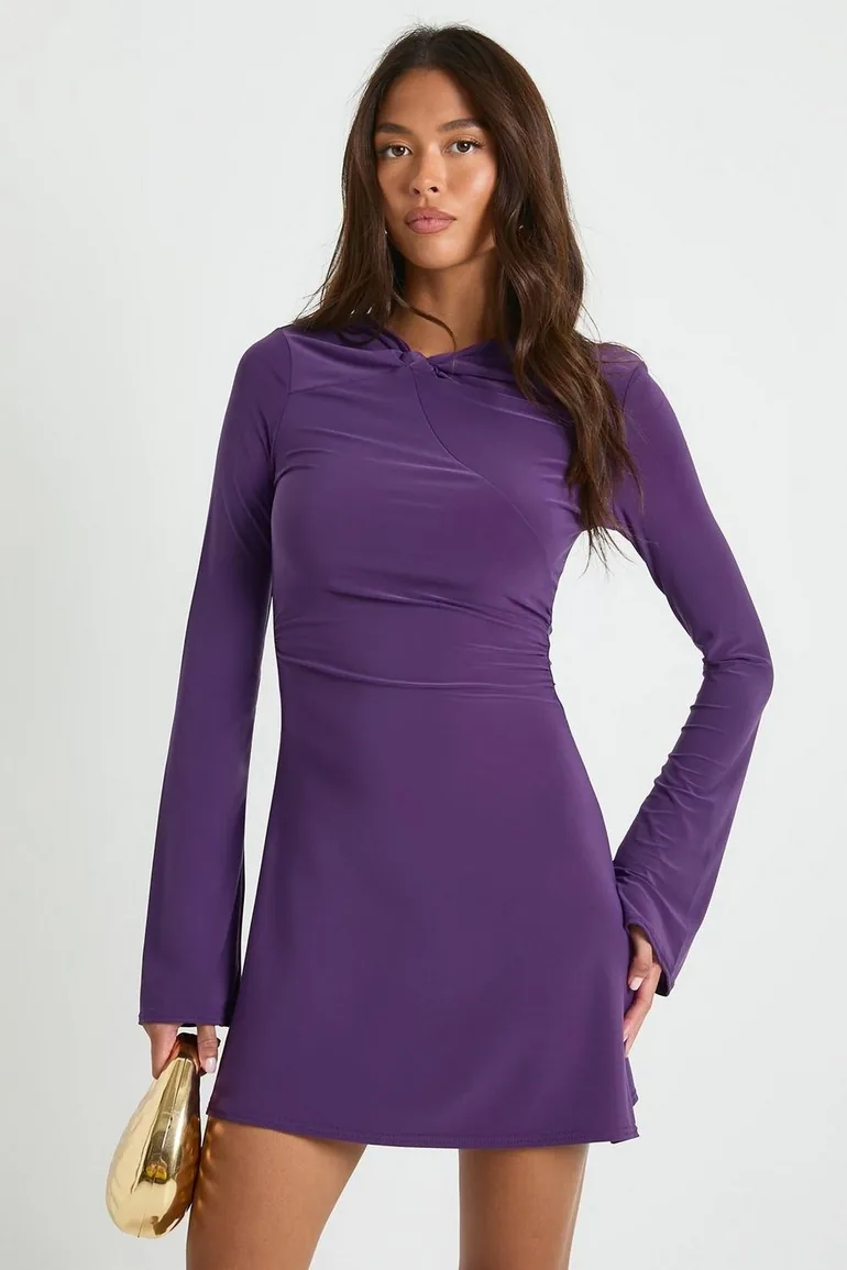 Knot Detail Ruched Waist Mini Dress - plum - 1