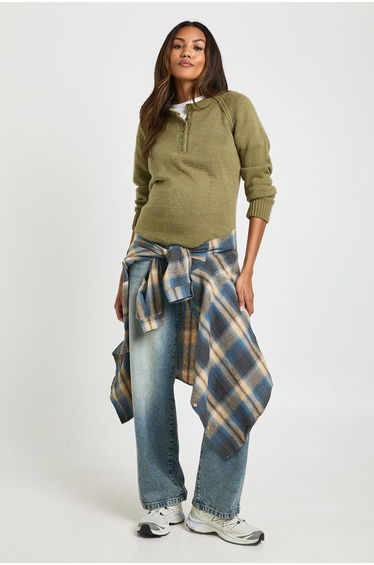 Maternity Henley Button Knitted Jumper - khaki