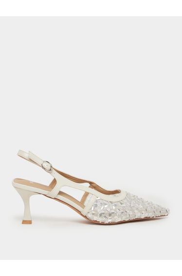 Women Silver Sequin Slingback Kitten Heels Shoes