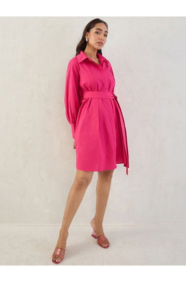 Pink Solid Poplin Pleated Shirt Mini Dress with Belted Detail