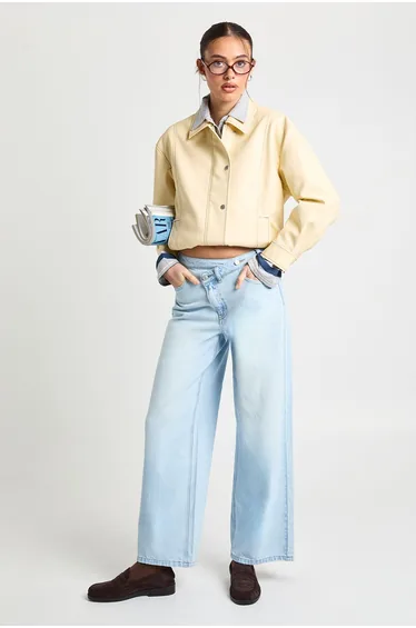 High Waist Crossover Waistband Wide Leg Jean - super pale wash