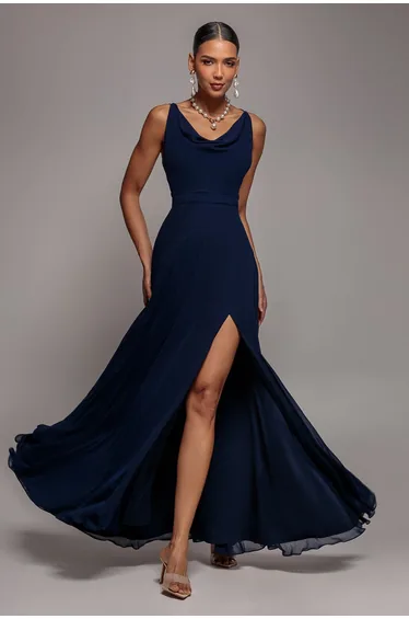 Chiffon Cowl Twisted Rope Strap Lace-up Flared Maxi Dress - Navy Blue by Goddiva